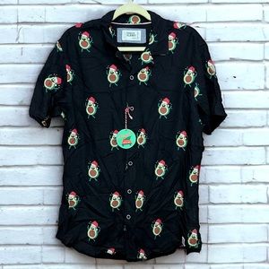 Free Planet Men’s Christmas Avacado Short Sleeve Button Down Shirt Black Size L